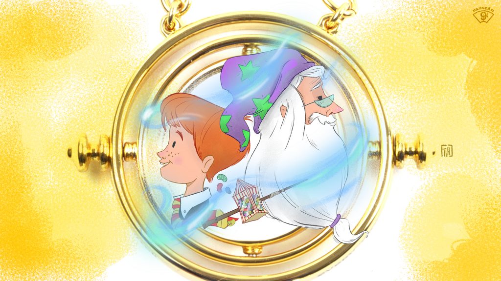 Ilustração com fundo amarelo e um vira-tempo, dentro do qual, envoltos por uma névoa mágica azul, estão, à esquerda, Rony, usando suas vestes da escola e, à direita, um barbudo Dumbledore, usando chapéu roxo excêntrico com estrelas verdes.
