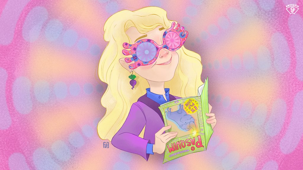 Ilustração de Luna Lovegood com óculos para ver zonzóbulos, segurando uma edição da revista 'O Pasquim' com um Erumpente na capa. Fundo psicodélico com efeitos de caleidoscópio e predominância da cor lilás. 