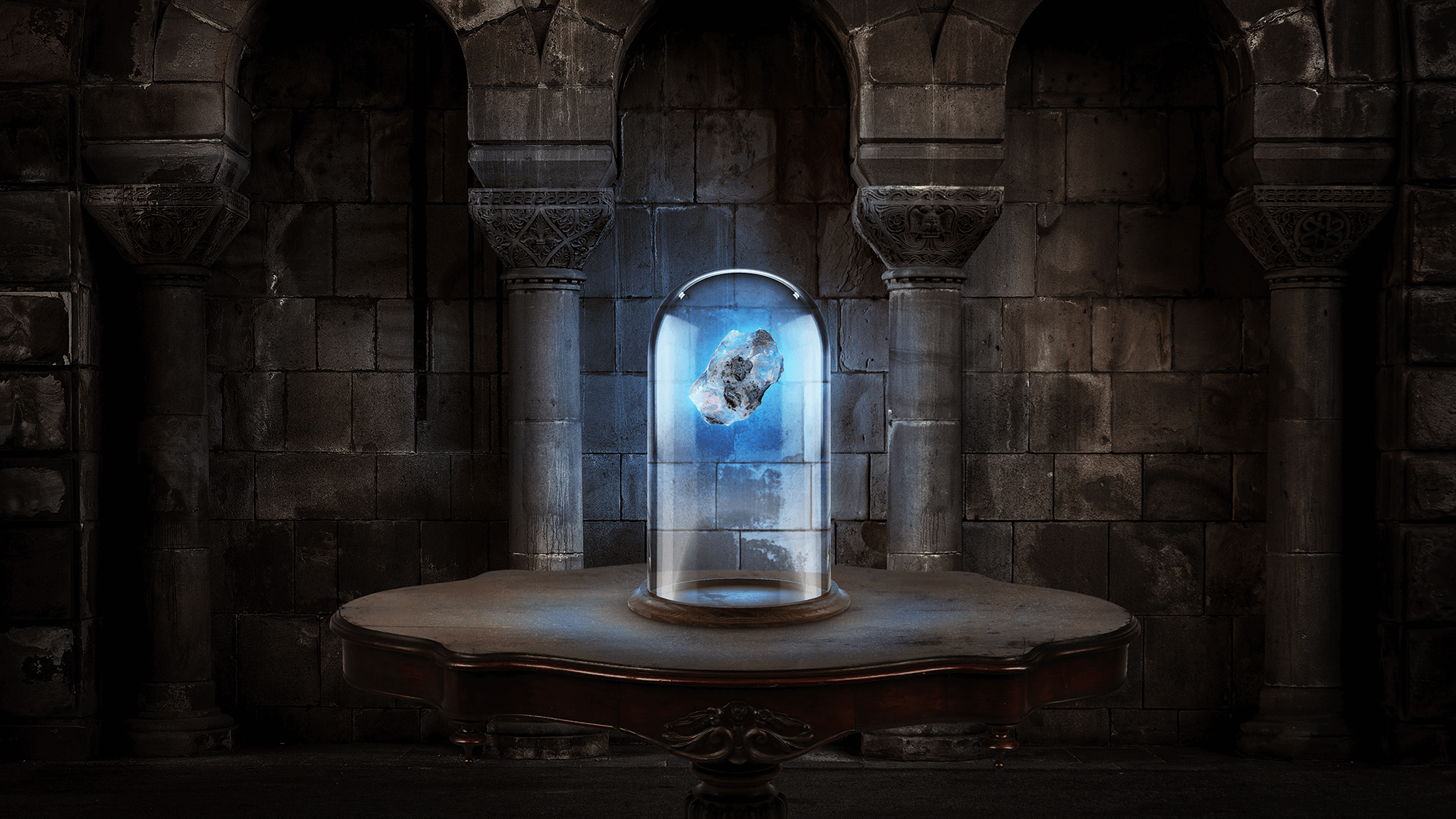 Numa sala com paredes antigas, uma mesa sustenta uma redoma cilíndrica onde, dentro, há uma pedra azul brilhante.